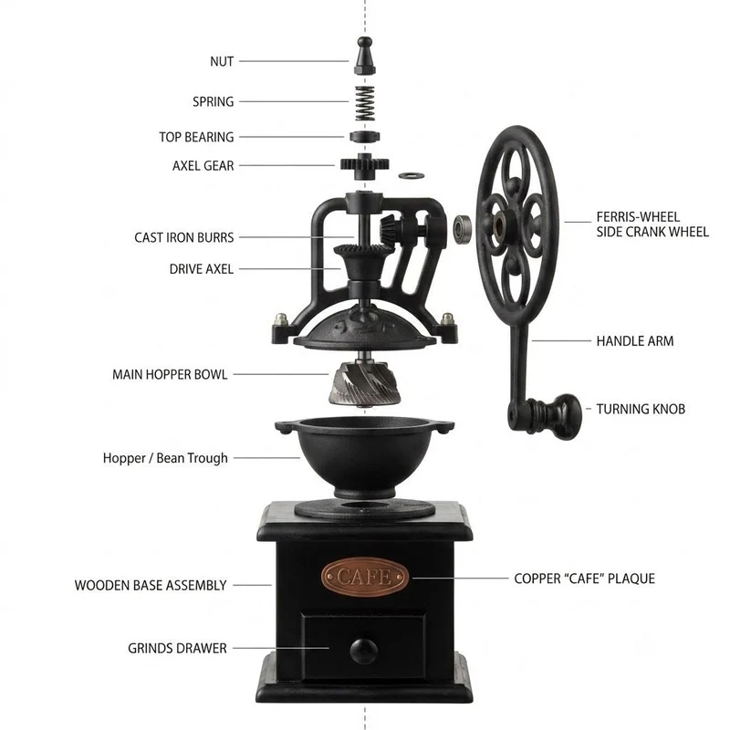 Handmolen Koffiemolen Keramisch Maalwerk Vintage Zwart Metaal Hout Camping Thuis Reizen Stil Versgemalen | Sansoti