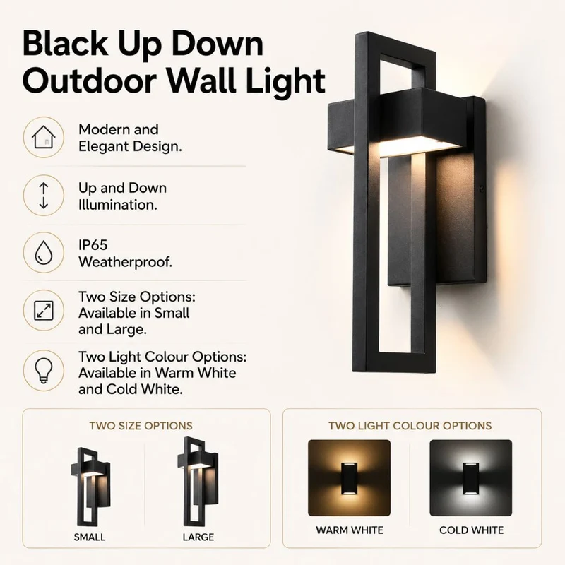 Buitenwandlamp Zwart Up Down Verlichting IP65 Waterdicht Tuin Terras Balkon Staal Glas E27 2 Maten Buiten | Sansoti