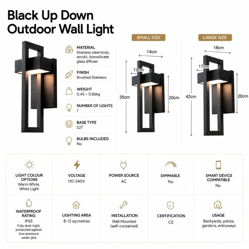 Buitenwandlamp Zwart Up Down Verlichting IP65 Waterdicht Tuin Terras Balkon Staal Glas E27 2 Maten Buiten | Sansoti