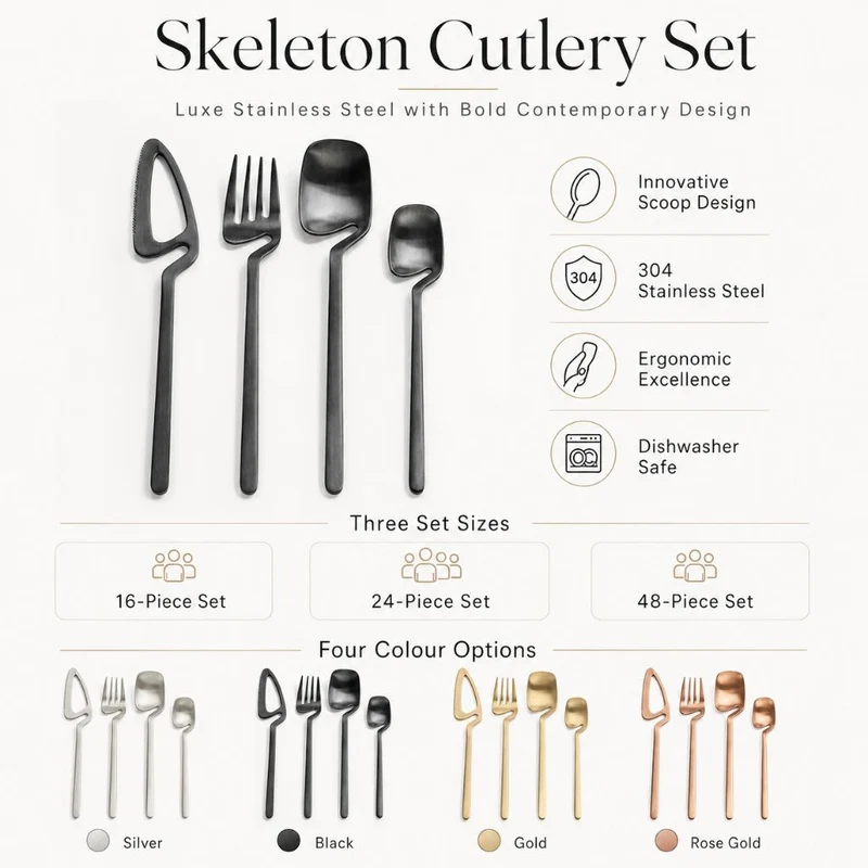 Bestek Set 304 RVS met Sculptuur Handvat Zilver Zwart Goud Roségoud 16 24 48 Delig Vaatwasbestendig Tafel | Sansoti
