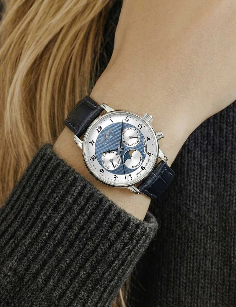 Zeppelin Friedrichshafen 8537-3 Herrenuhr Blau • Mondphasenanzeige • 5 ATM wasserdicht
