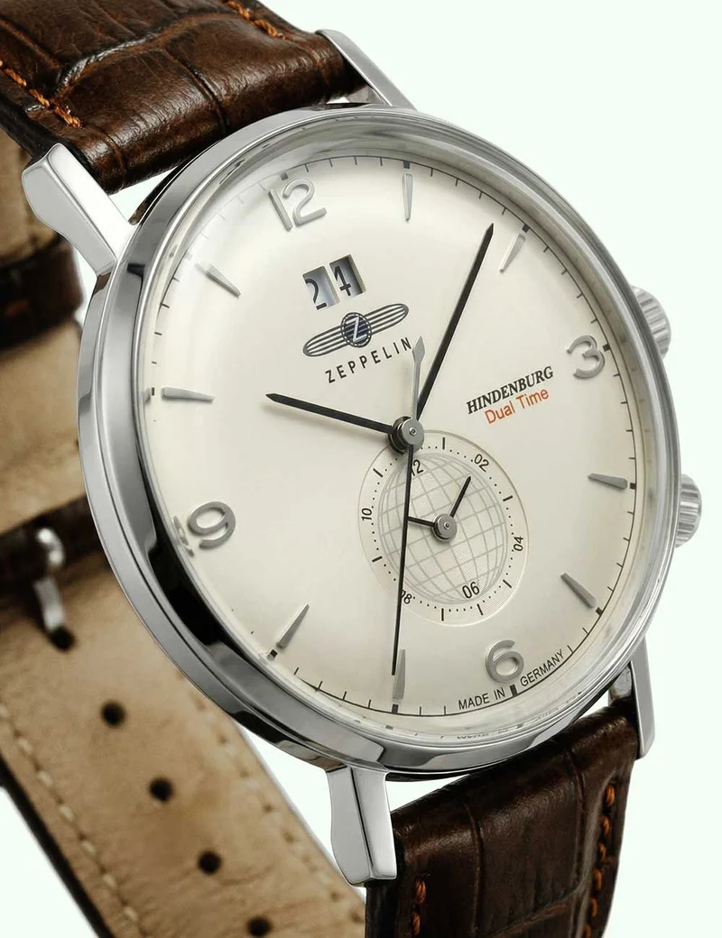 Zeppelin Hindenburg 8044-5 Herrenuhr Beige • Schweizer Quarzwerk Ronda 6203.B • Dual-Time Funktion