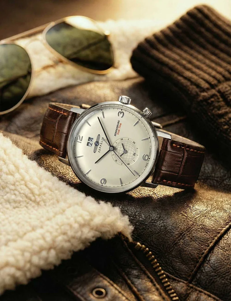 Zeppelin Hindenburg 8044-5 Herrenuhr Beige • Schweizer Quarzwerk Ronda 6203.B • Dual-Time Funktion
