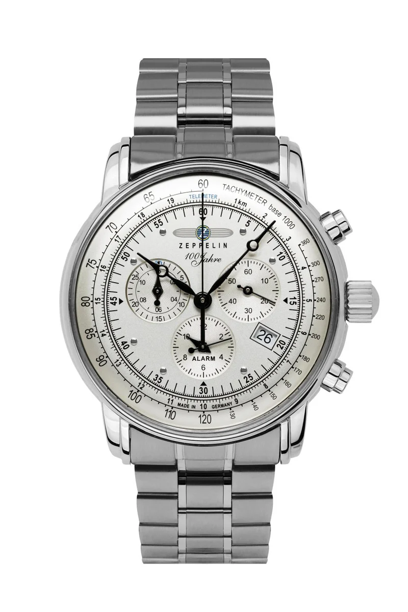 Zeppelin 100 Jahre 7680MB-1 Herrenuhr Silber • Schweizer Quarzwerk Ronda 5130.D • Alarm-Chronograph