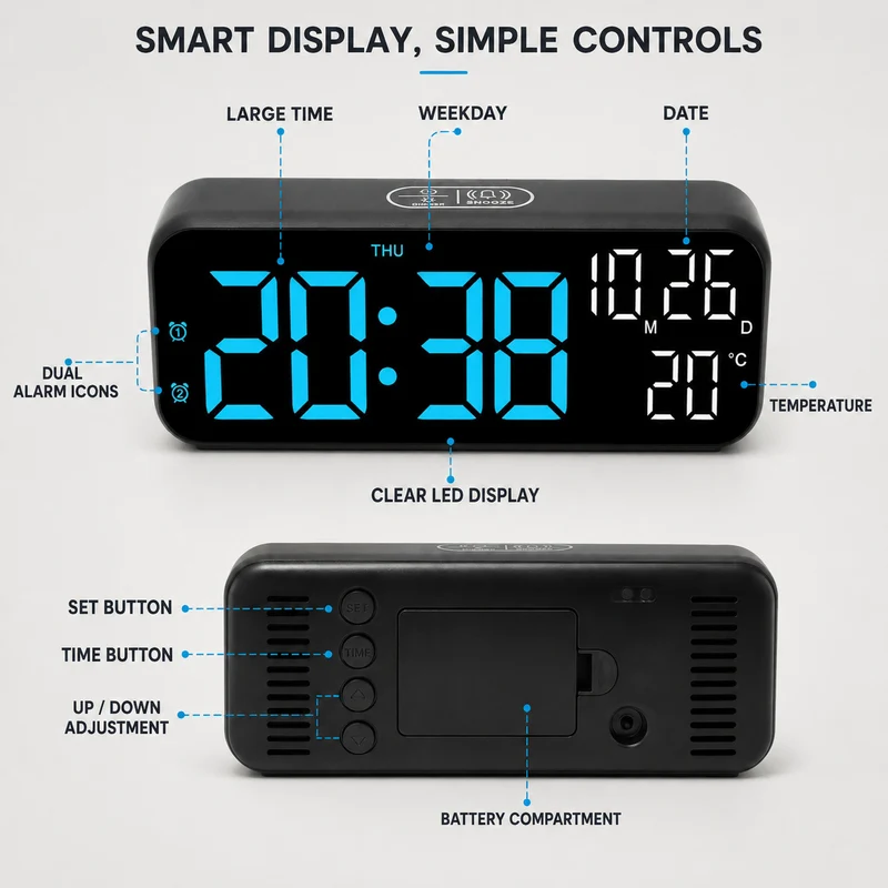 Digitale LED Tafelklok met Temperatuurweergave Spraakbediening Alarm Wekker voor Slaapkamer Kantoor Nachtkastje | Sansoti