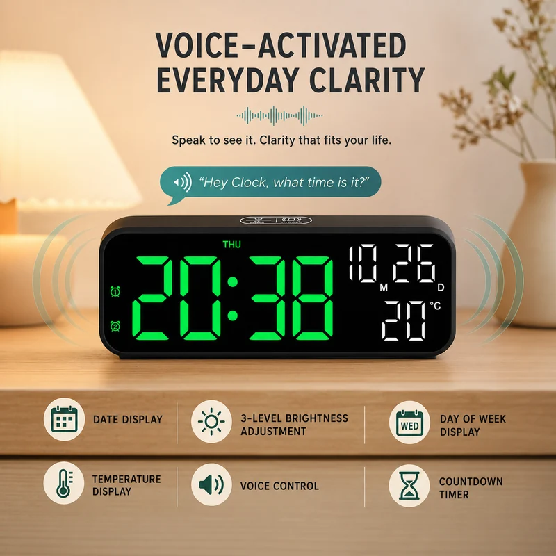 Digitale LED Tafelklok met Temperatuurweergave Spraakbediening Alarm Wekker voor Slaapkamer Kantoor Nachtkastje | Sansoti