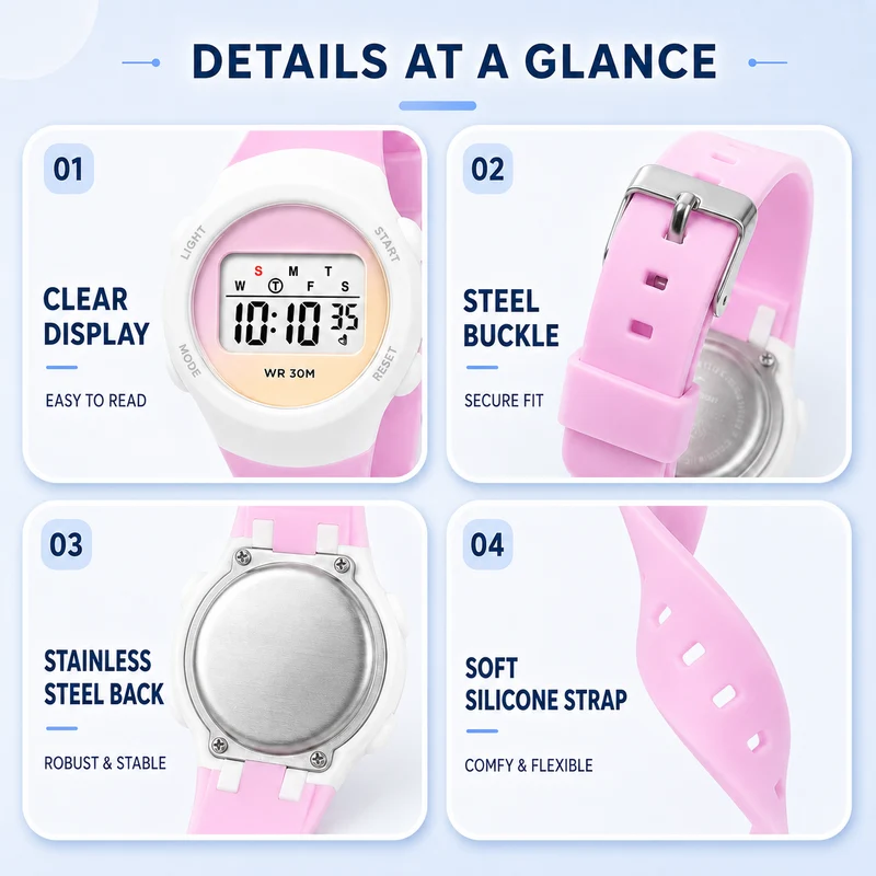 Digitaal Kinderhorloge Sportief Waterdicht met Alarm Stopwatch en Timer Siliconen Band voor Jongens en Meisjes | Sansoti