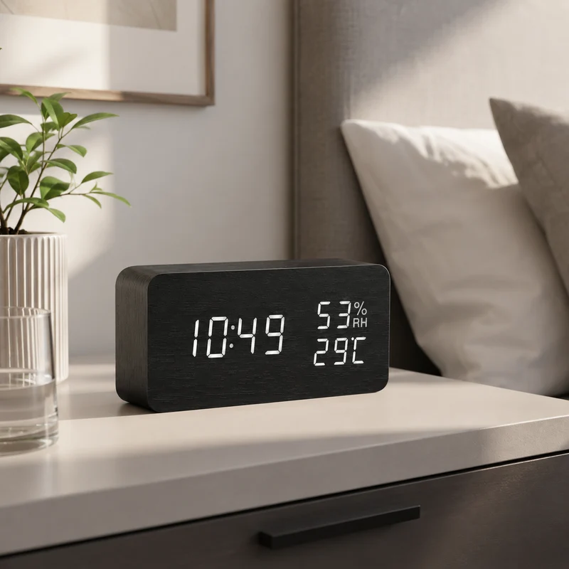 Digitale Houten Wekker LED Tafelklok met Thermometer Hygrometer Spraakactivering voor Slaapkamer en Bureau | Sansoti