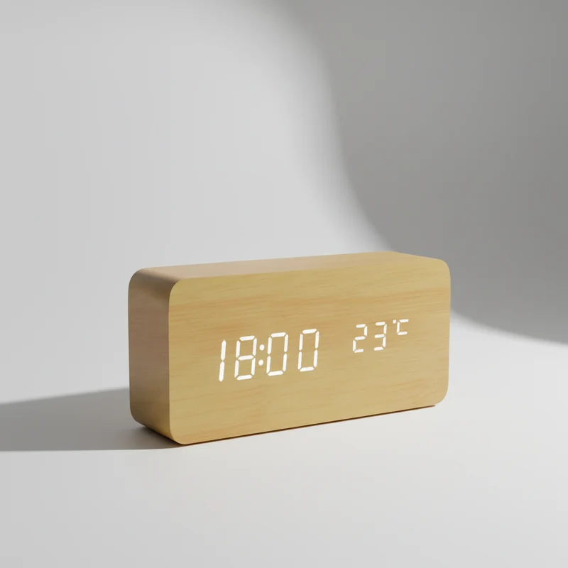 Digitale Houten Wekker LED Tafelklok met Thermometer Hygrometer Spraakactivering voor Slaapkamer en Bureau | Sansoti