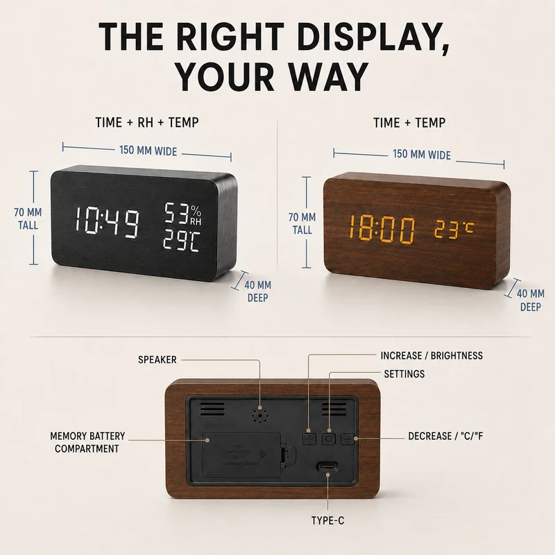 Digitale Houten Wekker LED Tafelklok met Thermometer Hygrometer Spraakactivering voor Slaapkamer en Bureau | Sansoti