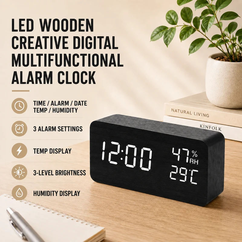 Digitale Houten Wekker LED Tafelklok met Thermometer Hygrometer Spraakactivering voor Slaapkamer en Bureau | Sansoti