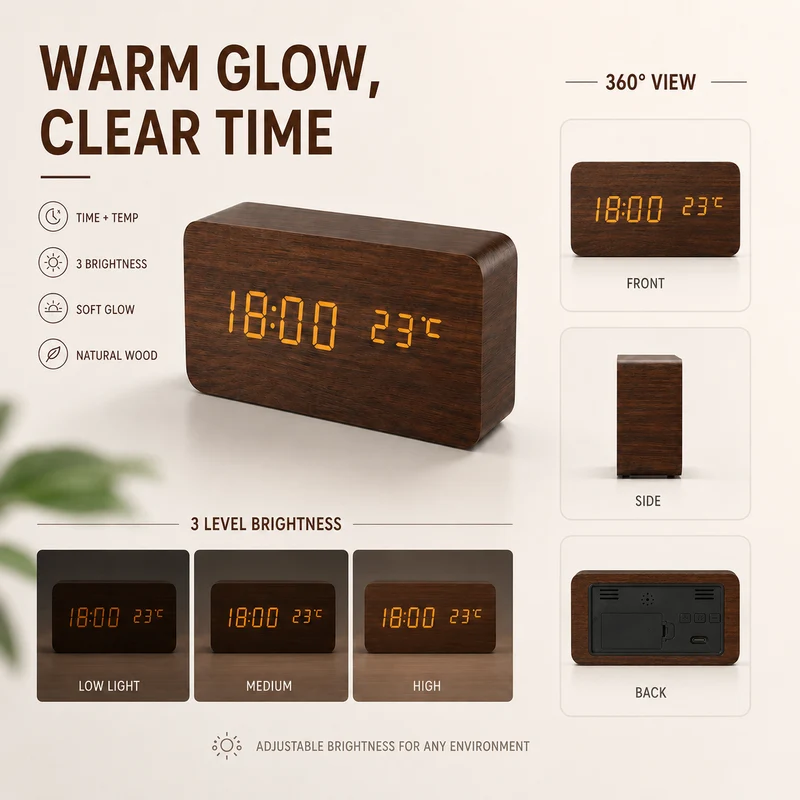 Digitale Houten Wekker LED Tafelklok met Thermometer Hygrometer Spraakactivering voor Slaapkamer en Bureau | Sansoti