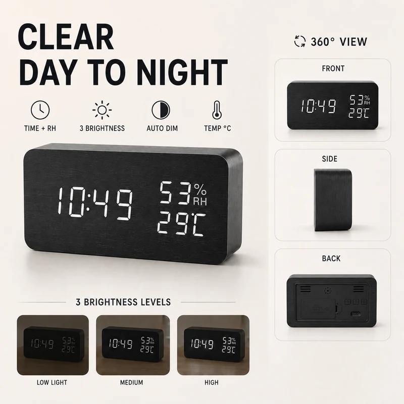 Digitale Houten Wekker LED Tafelklok met Thermometer Hygrometer Spraakactivering voor Slaapkamer en Bureau | Sansoti