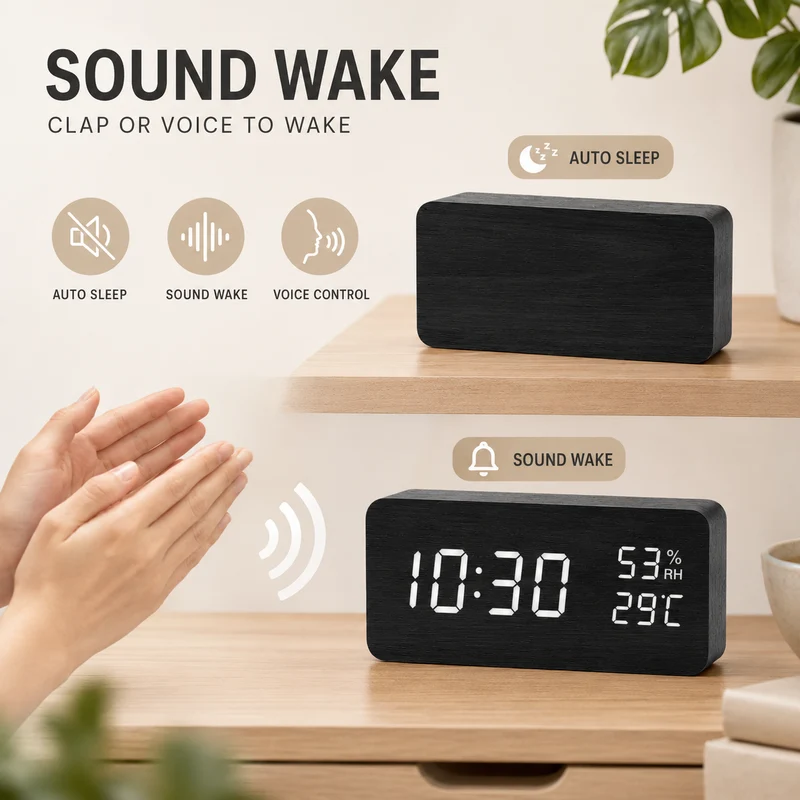 Digitale Houten Wekker LED Tafelklok met Thermometer Hygrometer Spraakactivering voor Slaapkamer en Bureau | Sansoti