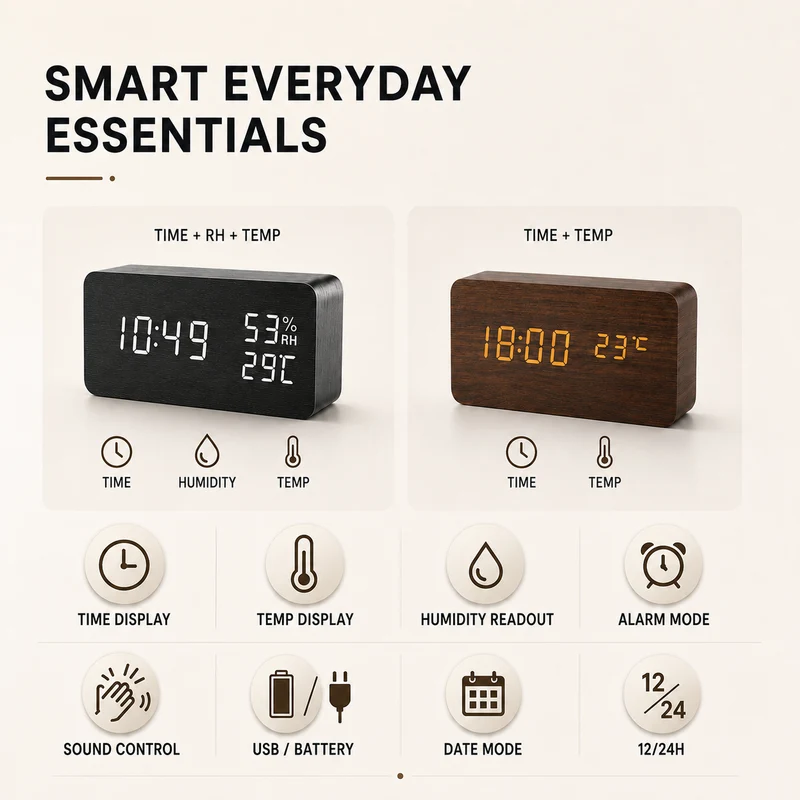 Digitale Houten Wekker LED Tafelklok met Thermometer Hygrometer Spraakactivering voor Slaapkamer en Bureau | Sansoti
