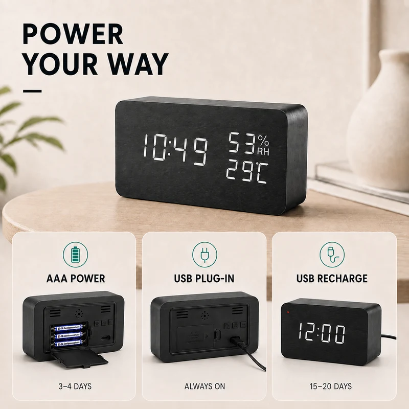 Digitale Houten Wekker LED Tafelklok met Thermometer Hygrometer Spraakactivering voor Slaapkamer en Bureau | Sansoti