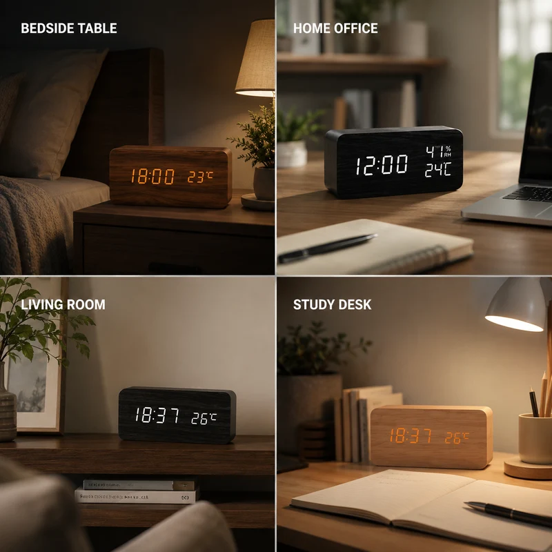 Digitale Houten Wekker LED Tafelklok met Thermometer Hygrometer Spraakactivering voor Slaapkamer en Bureau | Sansoti
