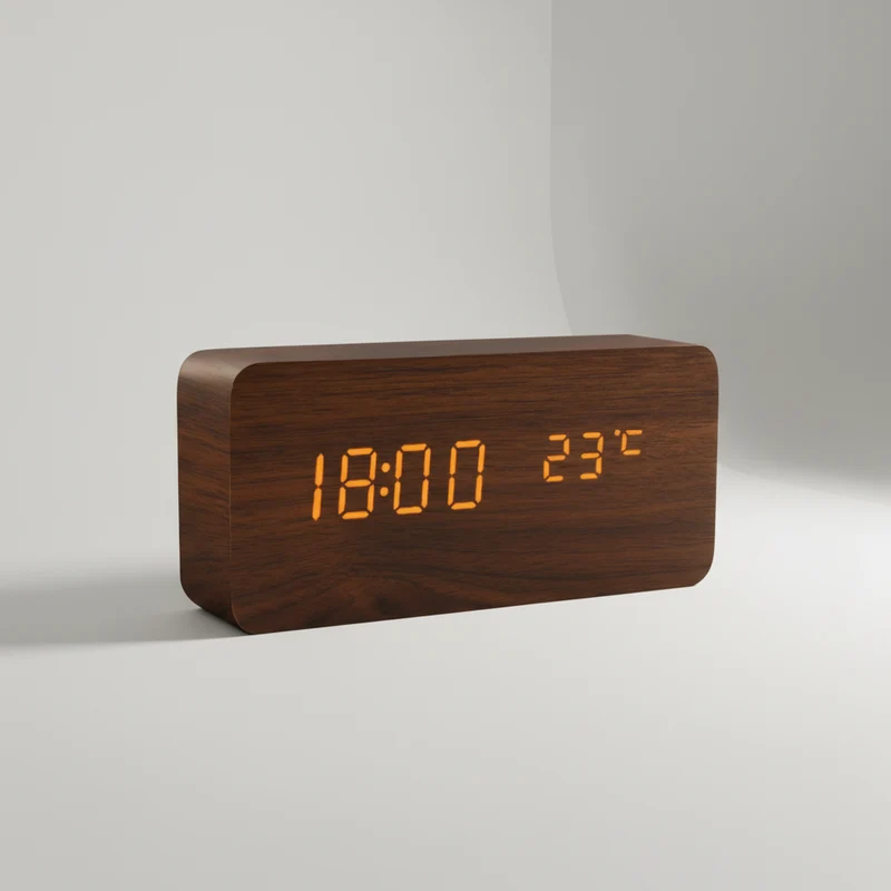 Digitale Houten Wekker LED Tafelklok met Thermometer Hygrometer Spraakactivering voor Slaapkamer en Bureau | Sansoti