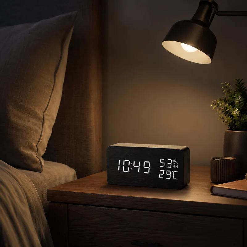 Digitale Houten Wekker LED Tafelklok met Thermometer Hygrometer Spraakactivering voor Slaapkamer en Bureau | Sansoti