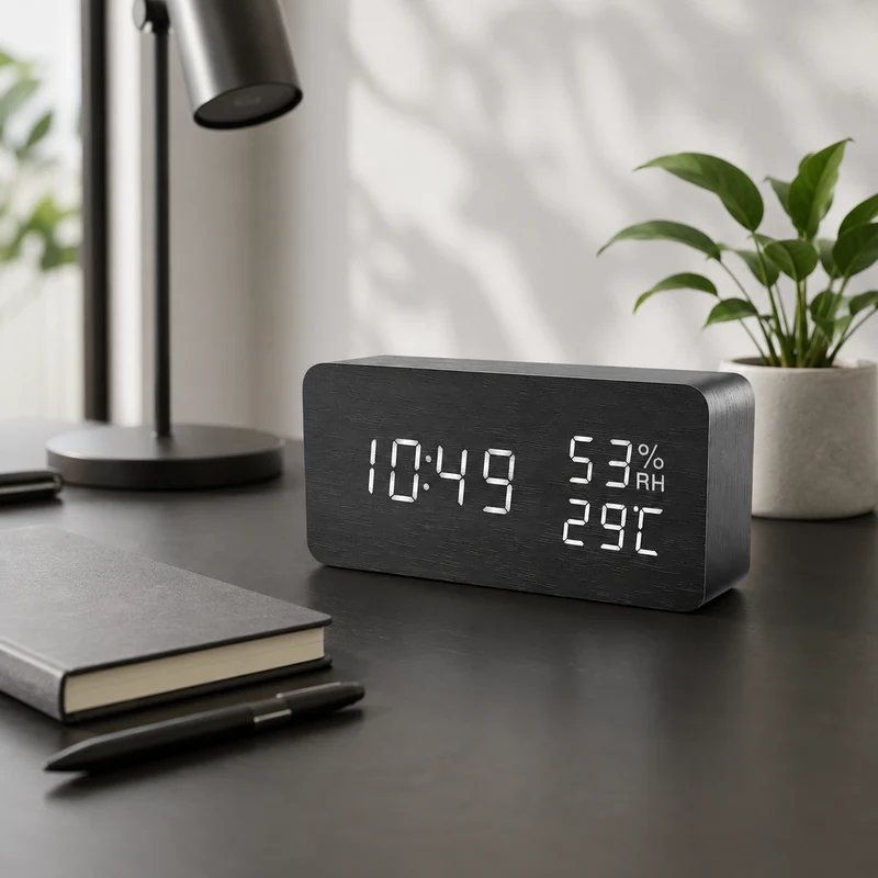 Digitale Houten Wekker LED Tafelklok met Thermometer Hygrometer Spraakactivering voor Slaapkamer en Bureau | Sansoti