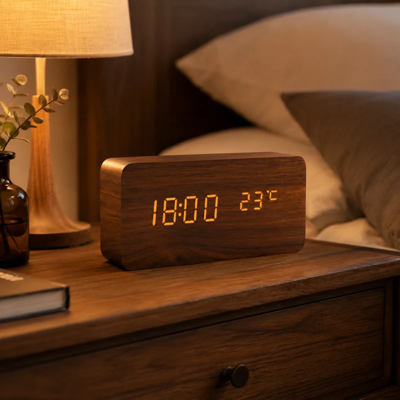Digitale Houten Wekker LED Tafelklok met Thermometer Hygrometer Spraakactivering voor Slaapkamer en Bureau | Sansoti