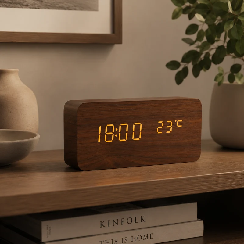 Digitale Houten Wekker LED Tafelklok met Thermometer Hygrometer Spraakactivering voor Slaapkamer en Bureau | Sansoti