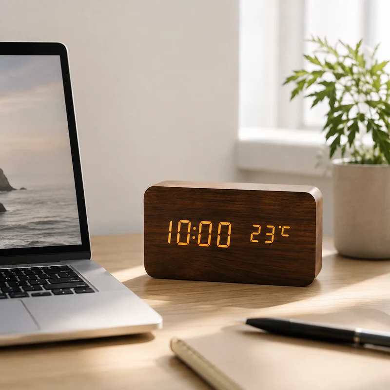 Digitale Houten Wekker LED Tafelklok met Thermometer Hygrometer Spraakactivering voor Slaapkamer en Bureau | Sansoti