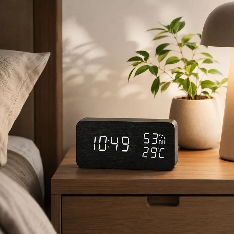 Digitale Houten Wekker LED Tafelklok met Thermometer Hygrometer Spraakactivering voor Slaapkamer en Bureau | Sansoti