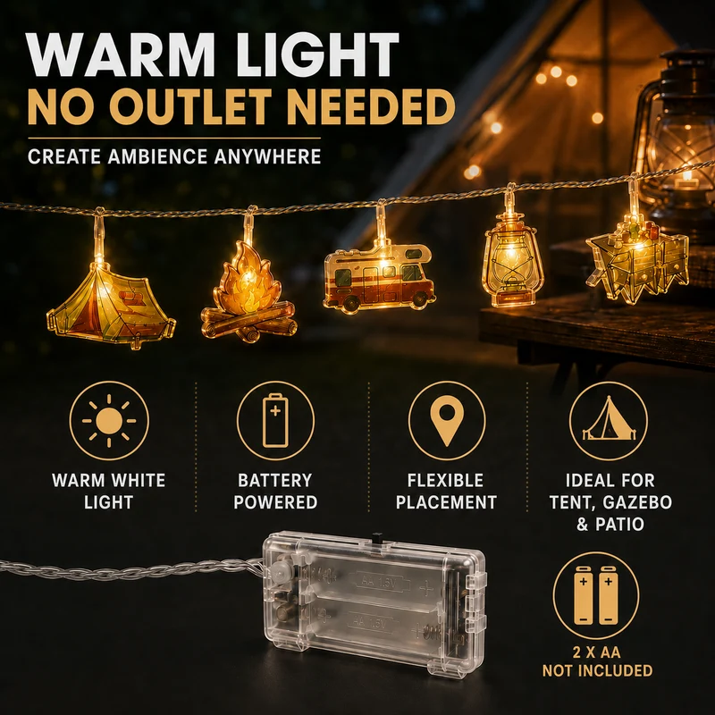 Decoratieve LED-lichtsnoer Campingmotieven Warmwit Licht Batterij Sfeerverlichting Buiten Binnen Tuin | Sansoti