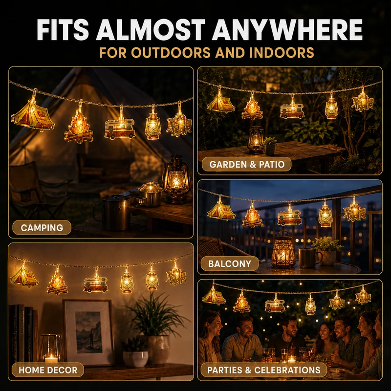 Decoratieve LED-lichtsnoer Campingmotieven Warmwit Licht Batterij Sfeerverlichting Buiten Binnen Tuin | Sansoti