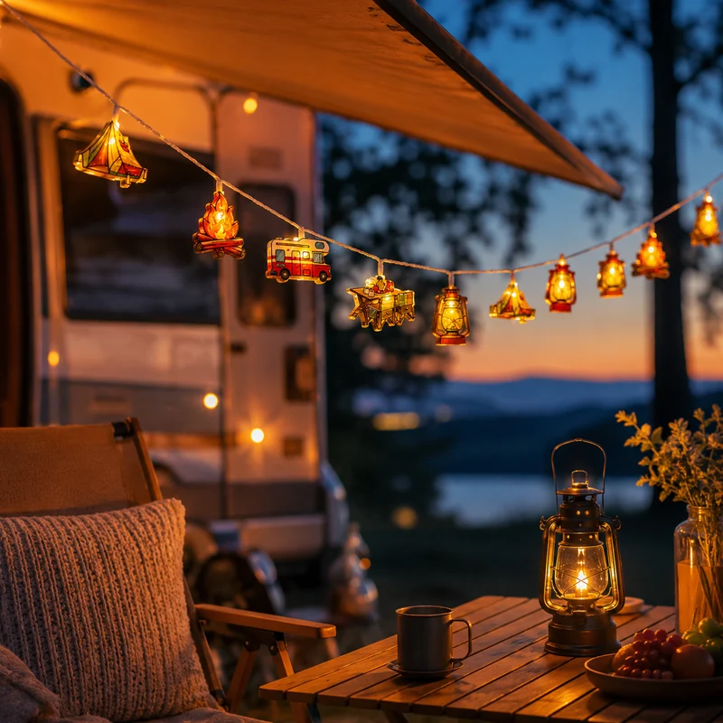 Decoratieve LED-lichtsnoer Campingmotieven Warmwit Licht Batterij Sfeerverlichting Buiten Binnen Tuin | Sansoti