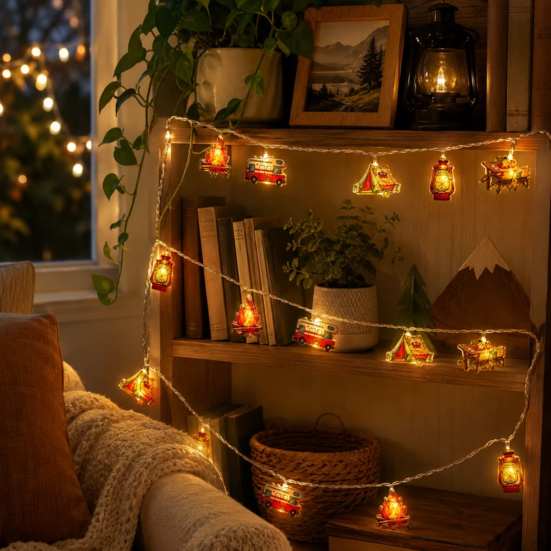 Decoratieve LED-lichtsnoer Campingmotieven Warmwit Licht Batterij Sfeerverlichting Buiten Binnen Tuin | Sansoti