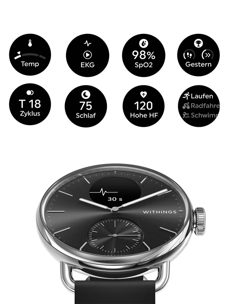 Withings ScanWatch 2 HWA10-model 1-All-Int Damen Schwarz • Hybrid-Smartwatch mit EKG • 30 Tage Akkulaufzeit
