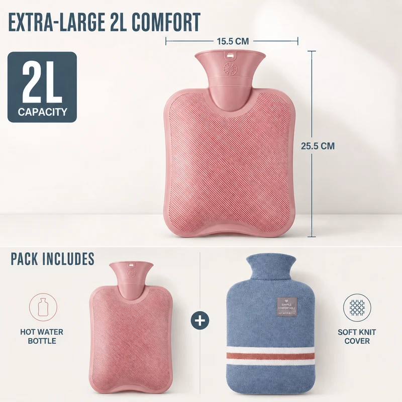 Warmwaterkruik XXL 2 Liter met Zachte Gebreide Hoes voor Langdurige Warmte Koude Winteravonden Bed Bank | Sansoti