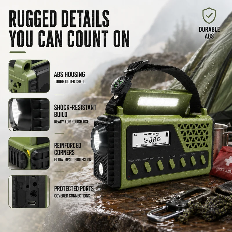 Noodradio met Slingerlader Zonne-energie Bluetooth Powerbank Zaklamp Oplaadbaar 10000mAh voor Camping | Sansoti