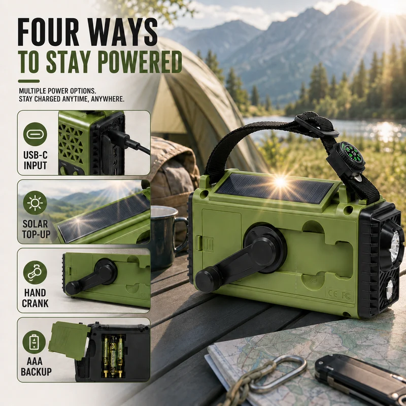 Noodradio met Slingerlader Zonne-energie Bluetooth Powerbank Zaklamp Oplaadbaar 10000mAh voor Camping | Sansoti