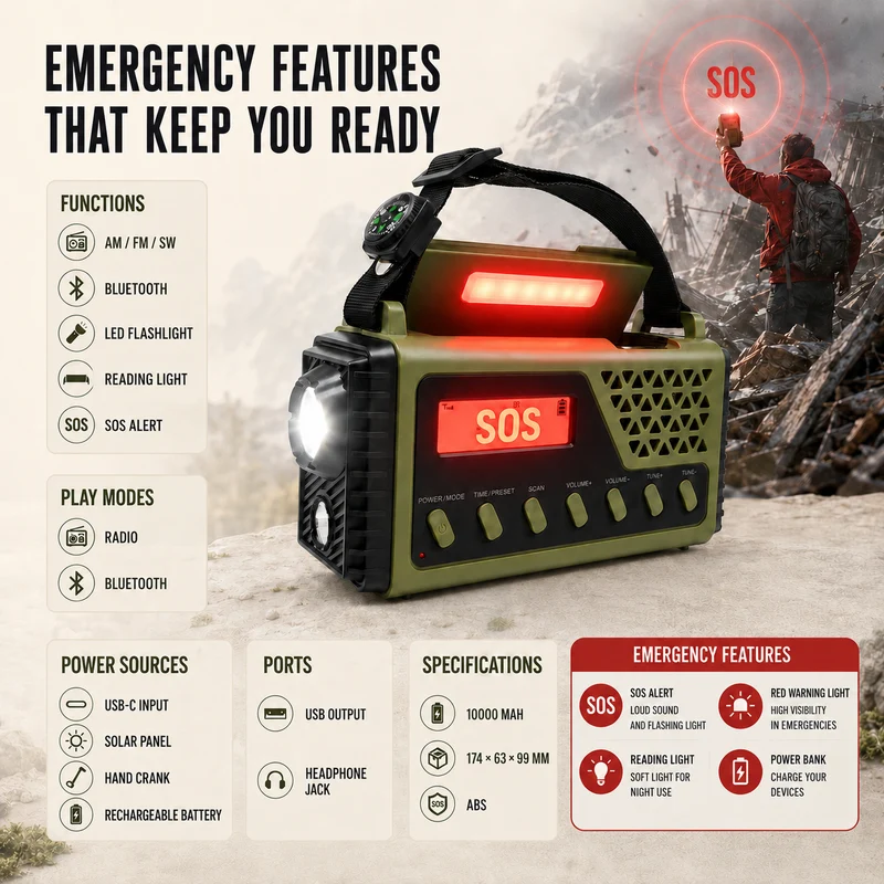 Noodradio met Slingerlader Zonne-energie Bluetooth Powerbank Zaklamp Oplaadbaar 10000mAh voor Camping | Sansoti