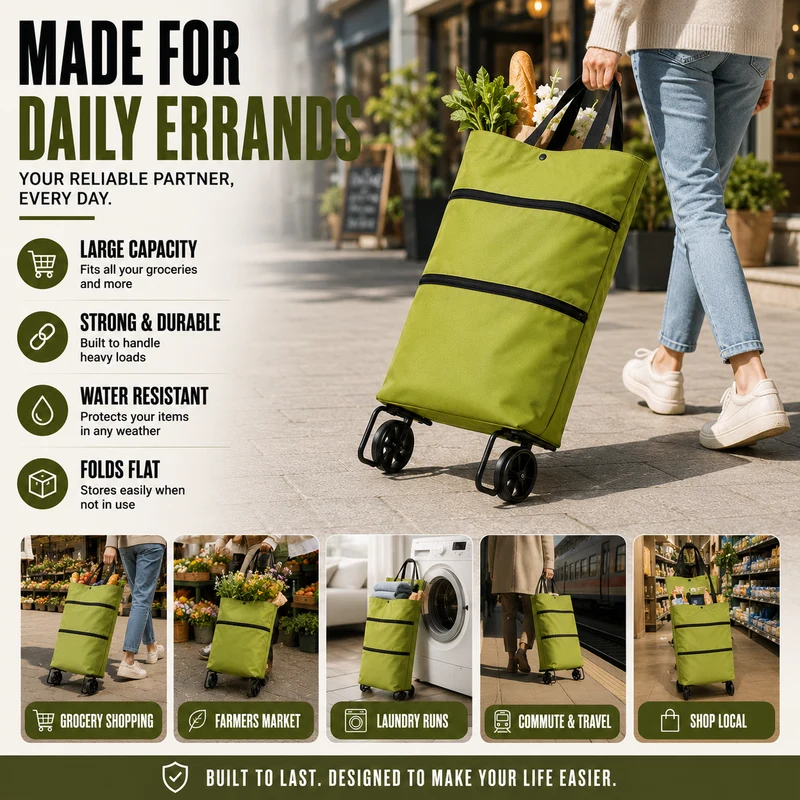 Opvouwbare Boodschappenwagen met Wielen Rugzakfunctie 41x15x46cm Groen Oranje Zwart Blauw Boodschappen | Sansoti