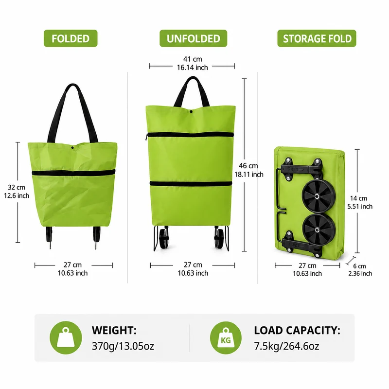 Opvouwbare Boodschappenwagen met Wielen Rugzakfunctie 41x15x46cm Groen Oranje Zwart Blauw Boodschappen | Sansoti