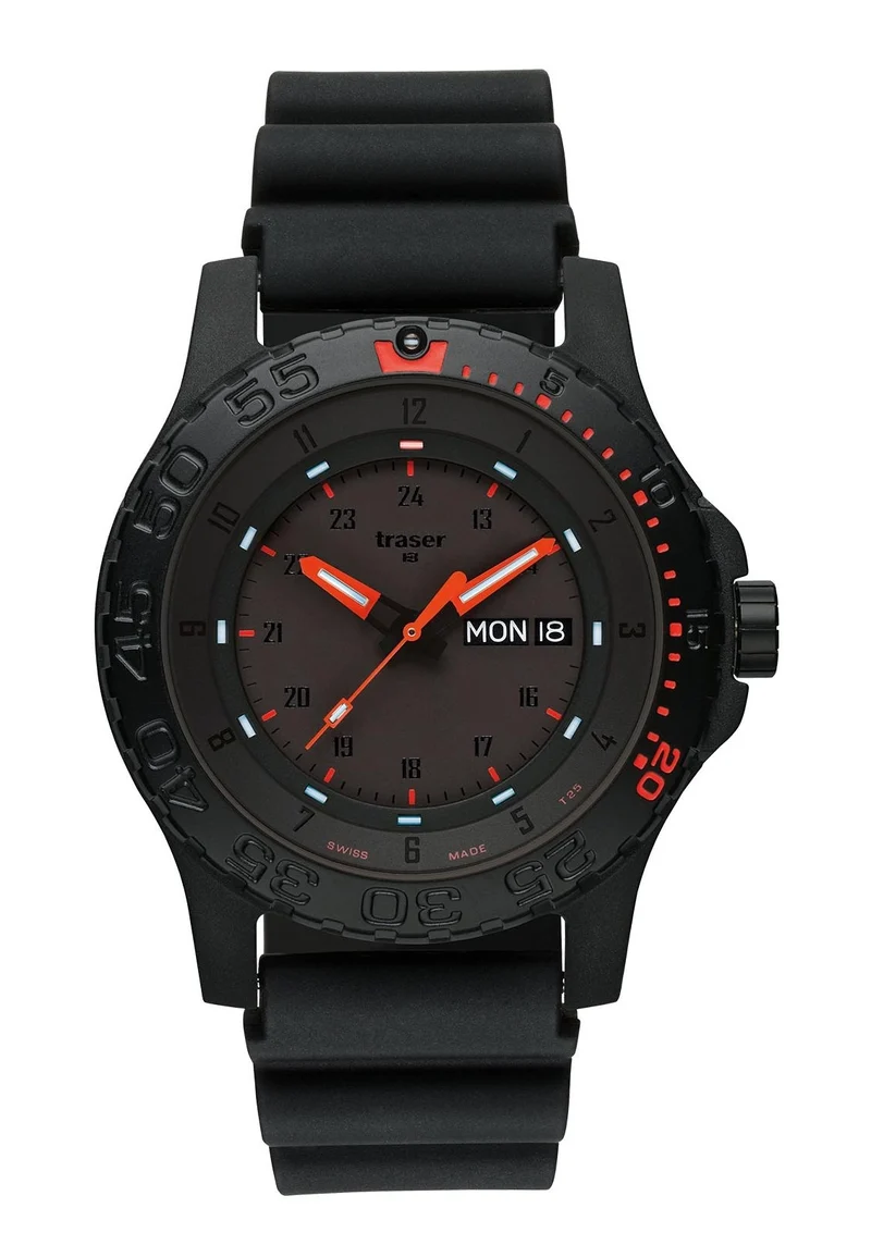 Traser Red Combat 7630027700398 Herrenuhr Rot • Militärisches Kautschukarmband • Tritium-Leuchtmarkierung