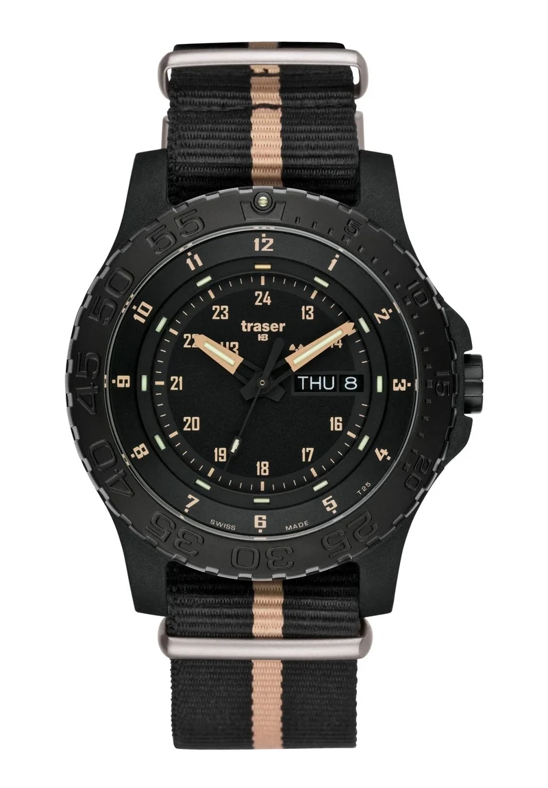 Traser Militäruhr Sand NATO-Band Schwarz/Sand • Tritium-Beleuchtung • Robuste Militär-Armbanduhr