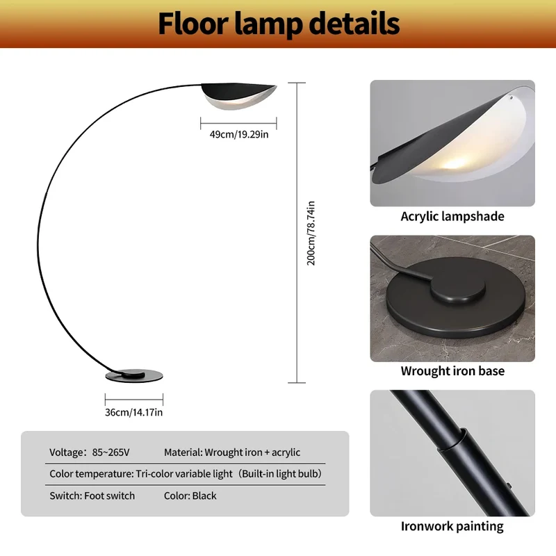 Boog Vloerlamp Blad Vorm Zwart 3-Kleuren Dimbaar Acryl | Sansoti