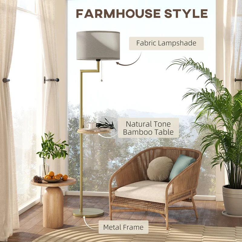 Booglamp Vloerlamp Met Plank En USB Poort Goud Metaal 170cm | Sansoti