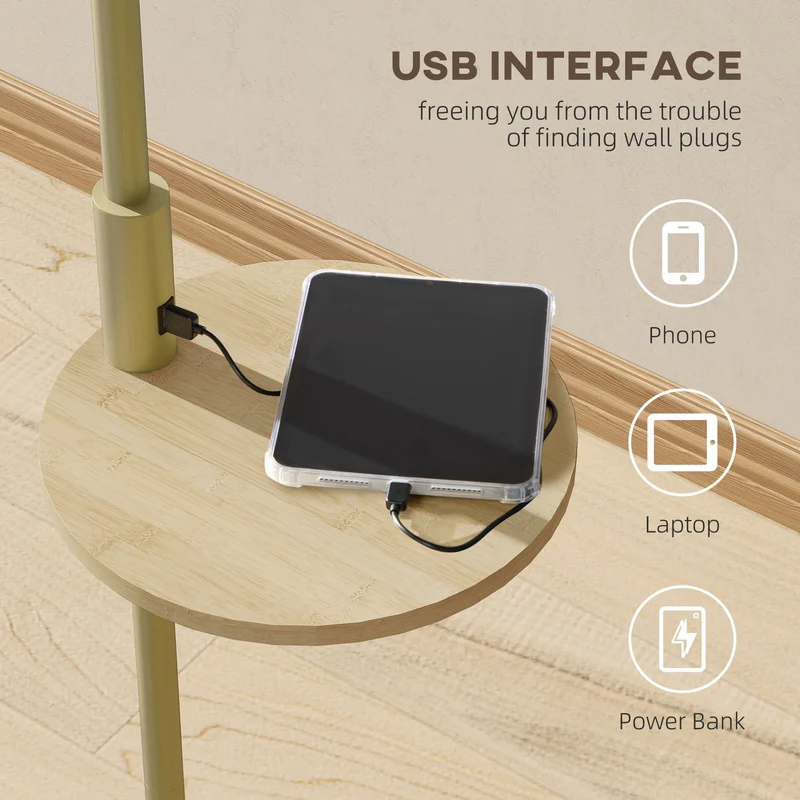 Booglamp Vloerlamp Met Plank En USB Poort Goud Metaal 170cm | Sansoti