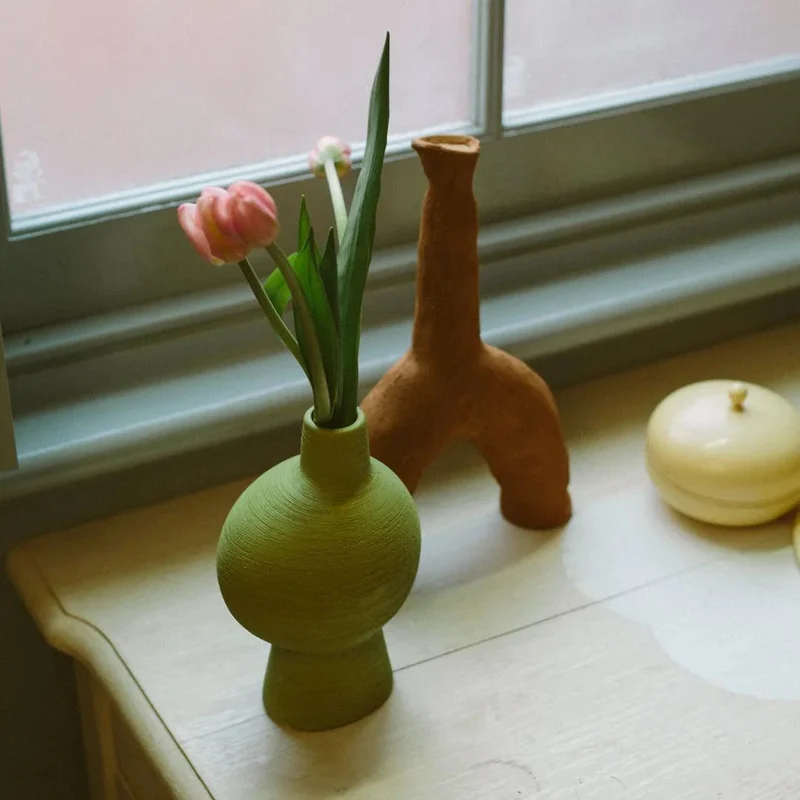 Vaas Keramiek Organisch Groen Smaragd Matcha Olijf Sculptuur Woonkamer Bloemenvaas | Sansoti