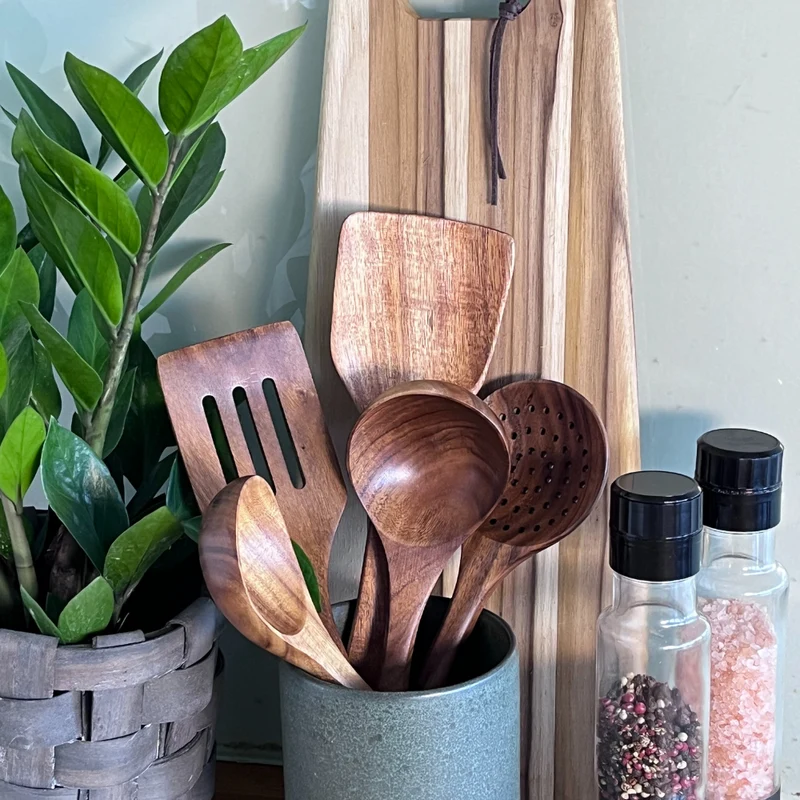 Keukengereedschap Walnouthout Naturlijk Set Spatel Lepel Kookgerei Houten Keuken Premium | Sansoti