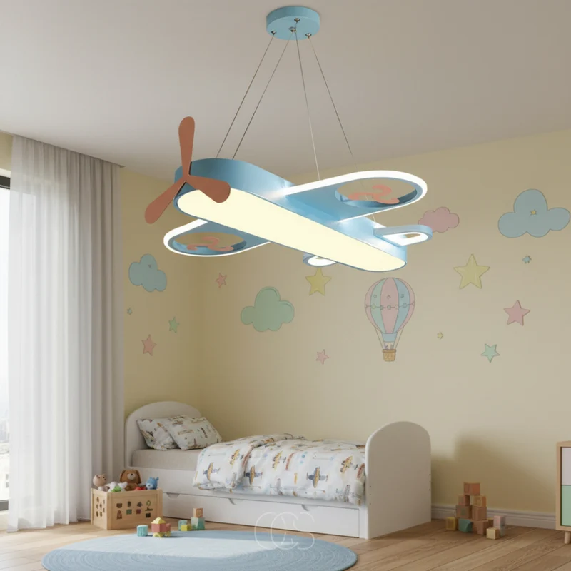 Kinderkamer Hanglamp Vliegtuig Dimbaar LED 32W Blauw Geel Oogvriendelijk Speelkamer Slaapkamer | Sansoti