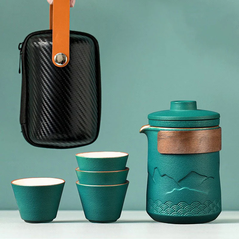 Reis Theeset Keramiek Compact Met Theepot Kopjes En Reistas Bergdesign | Sansoti