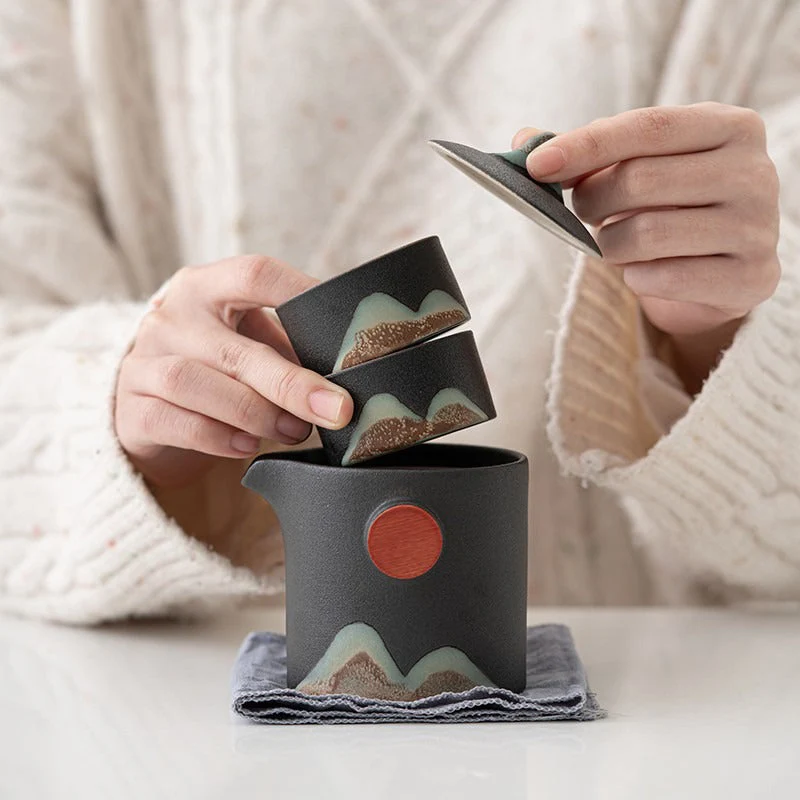 Reis Theeset Japans Keramiek Met Theepot Kopjes Reistas Berglandschap Compact | Sansoti
