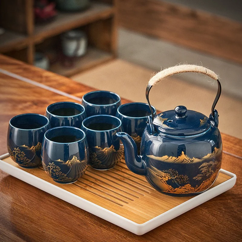 Japanse Gongfu Theeset Met Dienblad Porselein Blauw Berglandschap 8 Delig | Sansoti